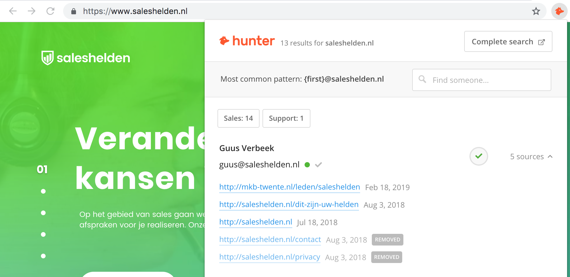 Screenshot Saleshelden B2B Hunter.io